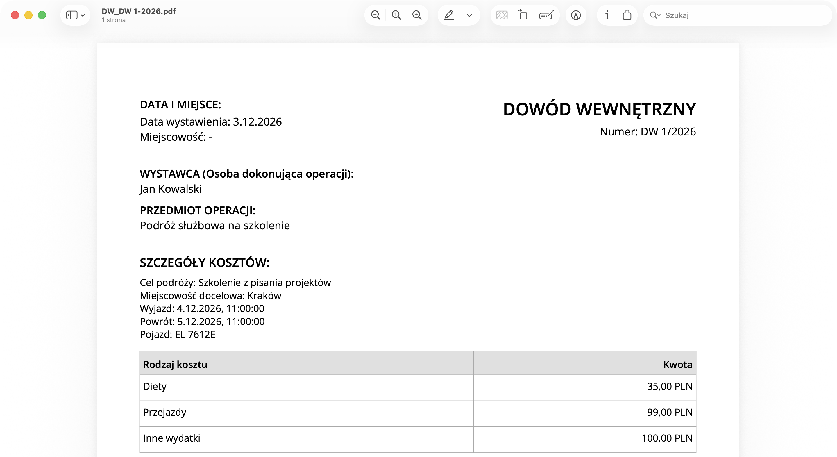 Gotowy dowód wewnętrzny do podpisu