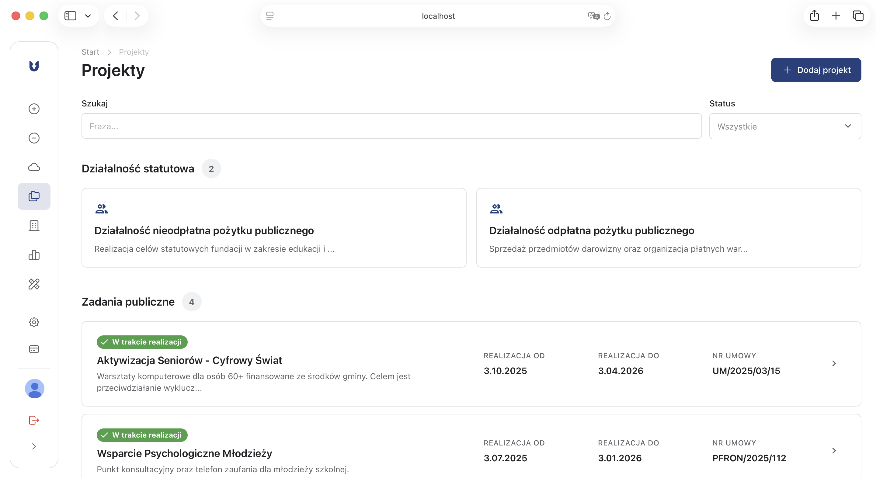 Projekty i dotacje – główny ekran modułu