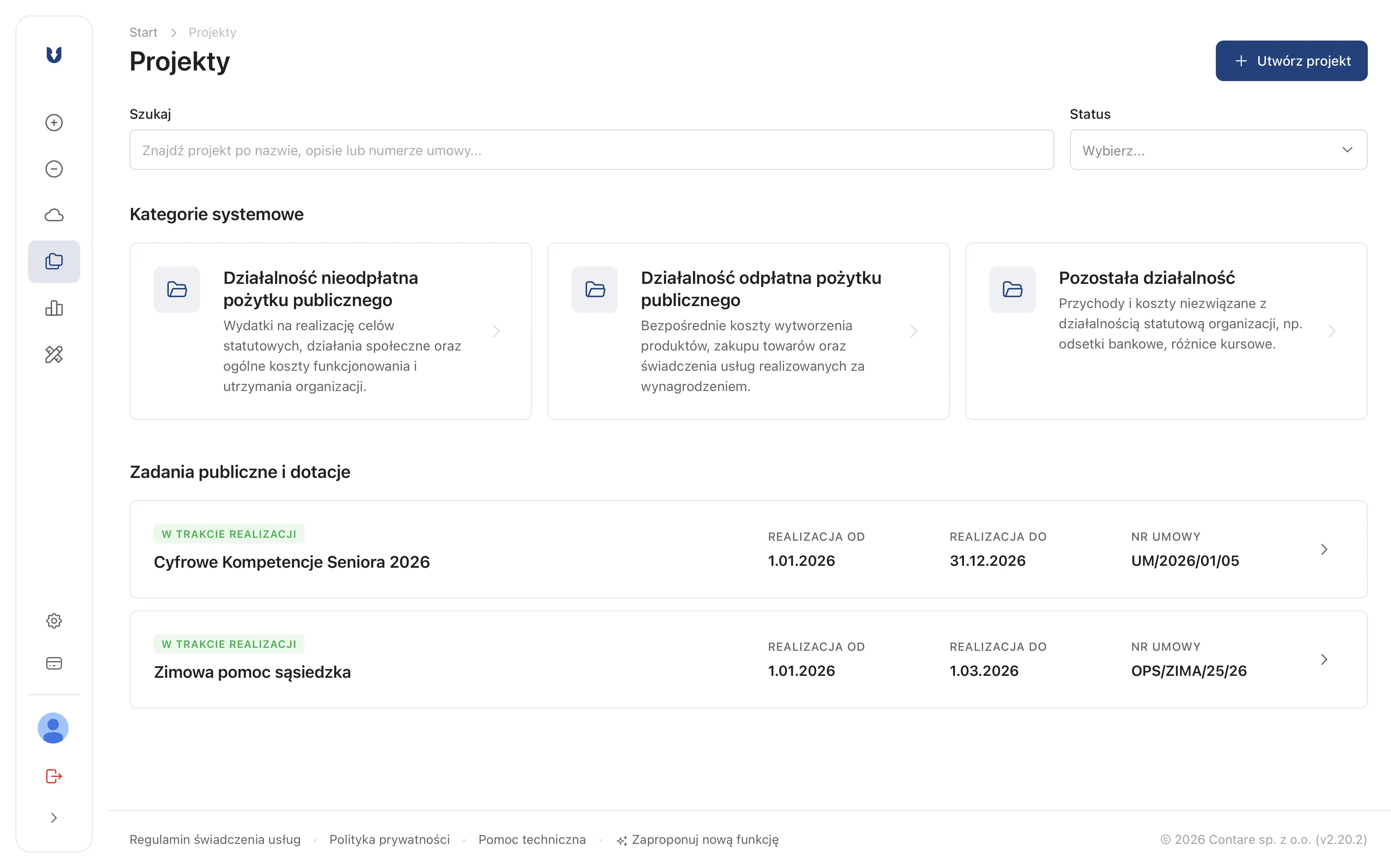 Projekty i dotacje – główny ekran modułu