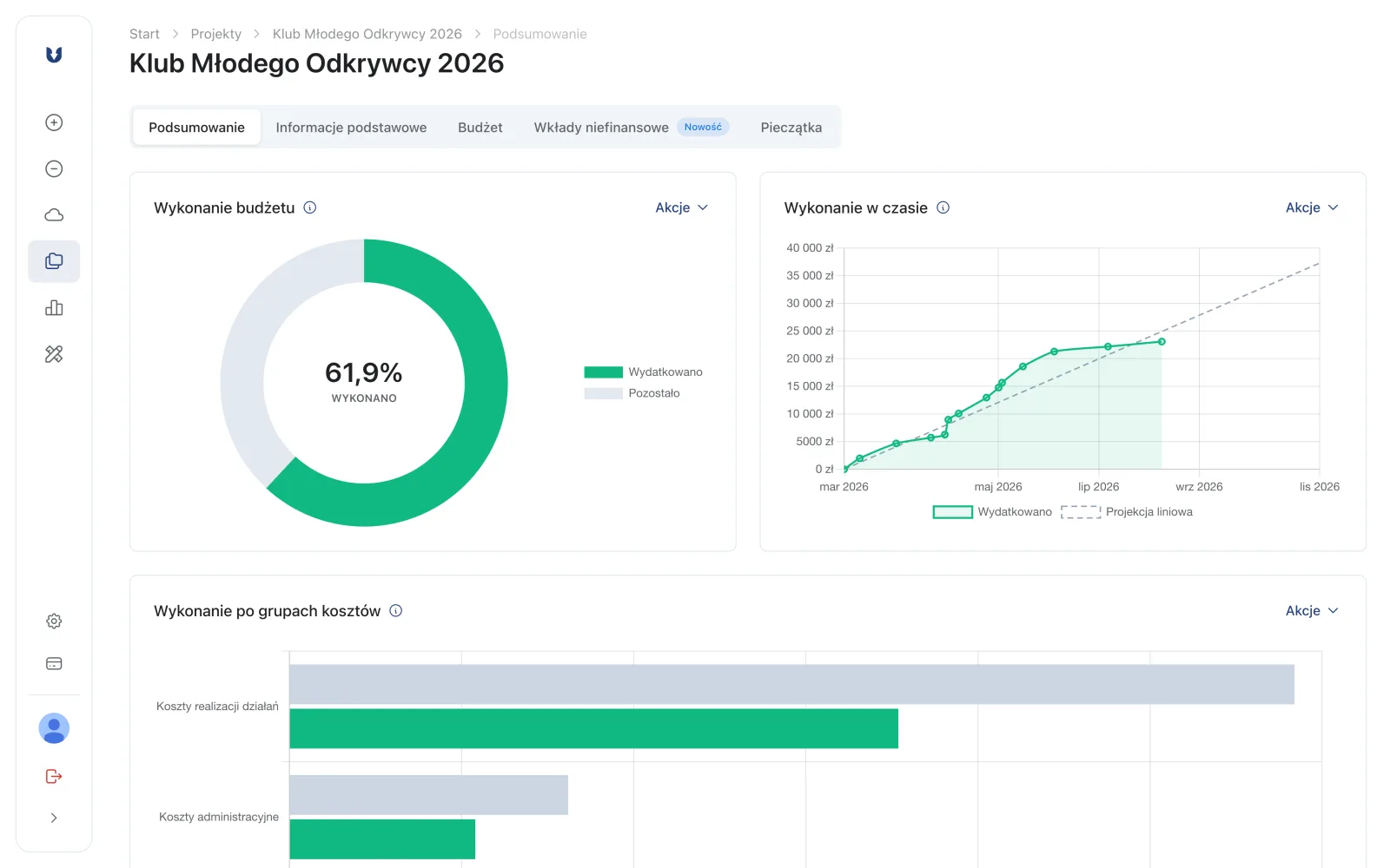 Projekty i dotacje – główny ekran modułu