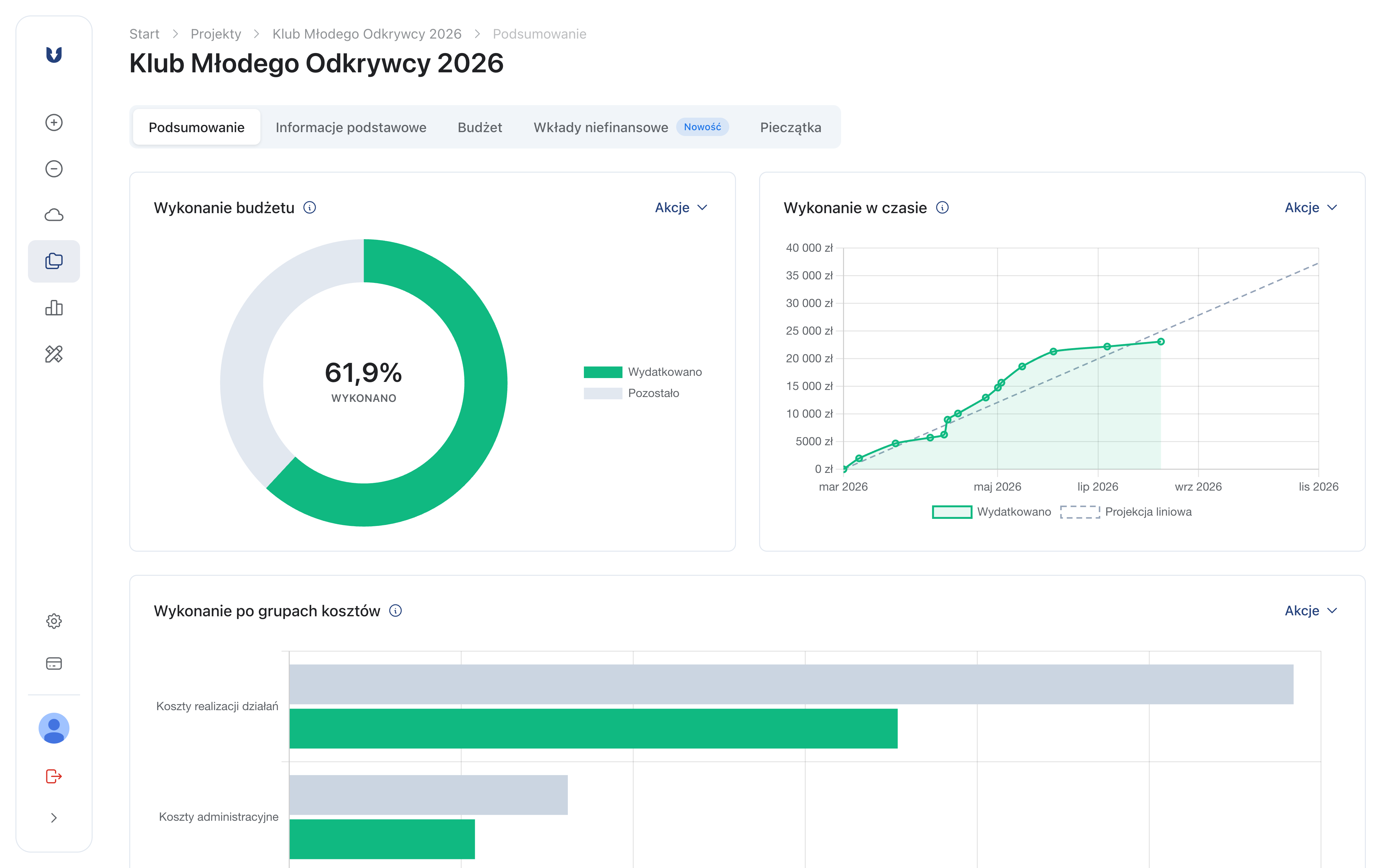 Projekty i dotacje – główny ekran modułu