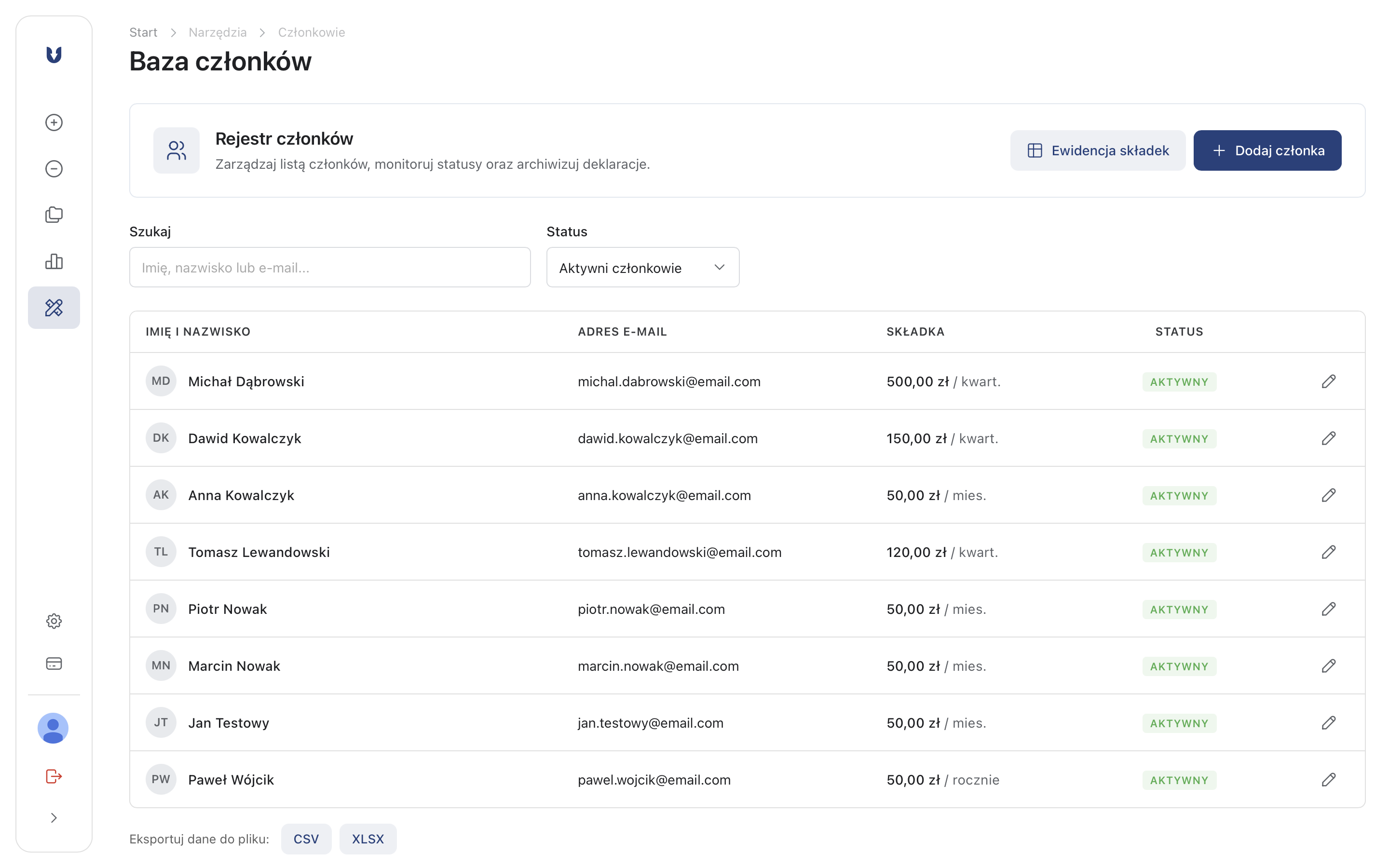 Widok matrycy wpłat członkowskich
