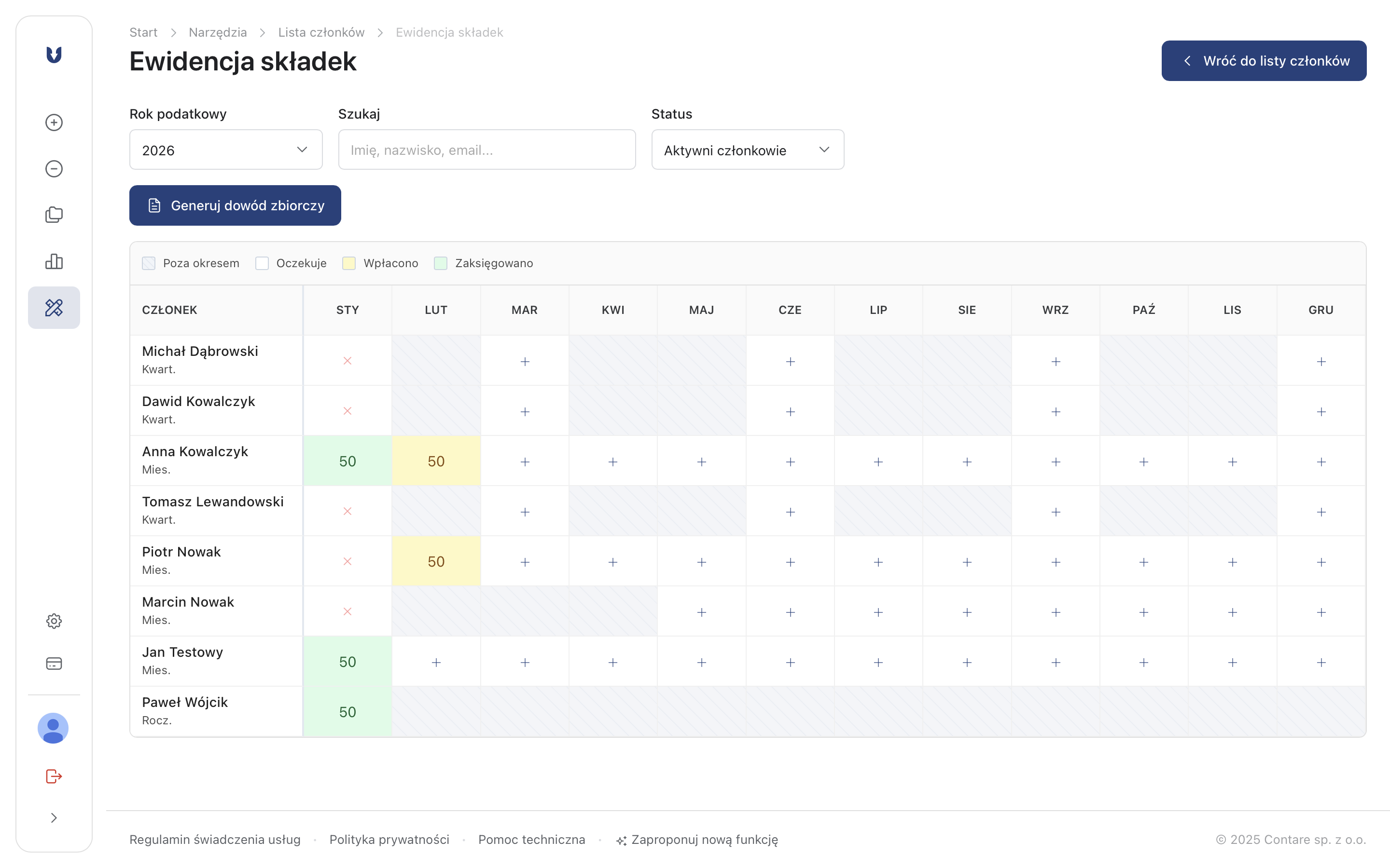 Członkowie i składki – główny ekran modułu