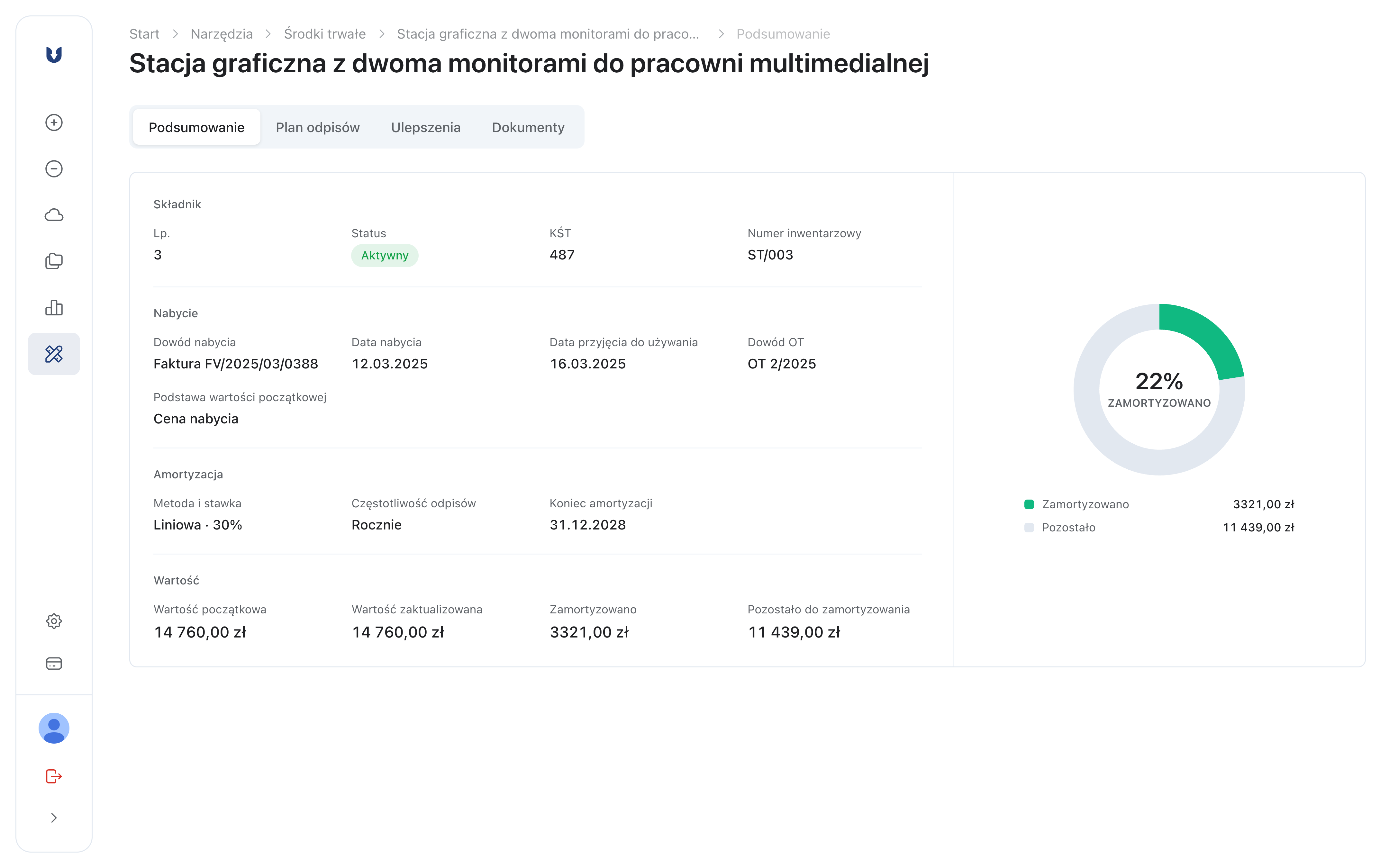 Środki trwałe – główny ekran modułu