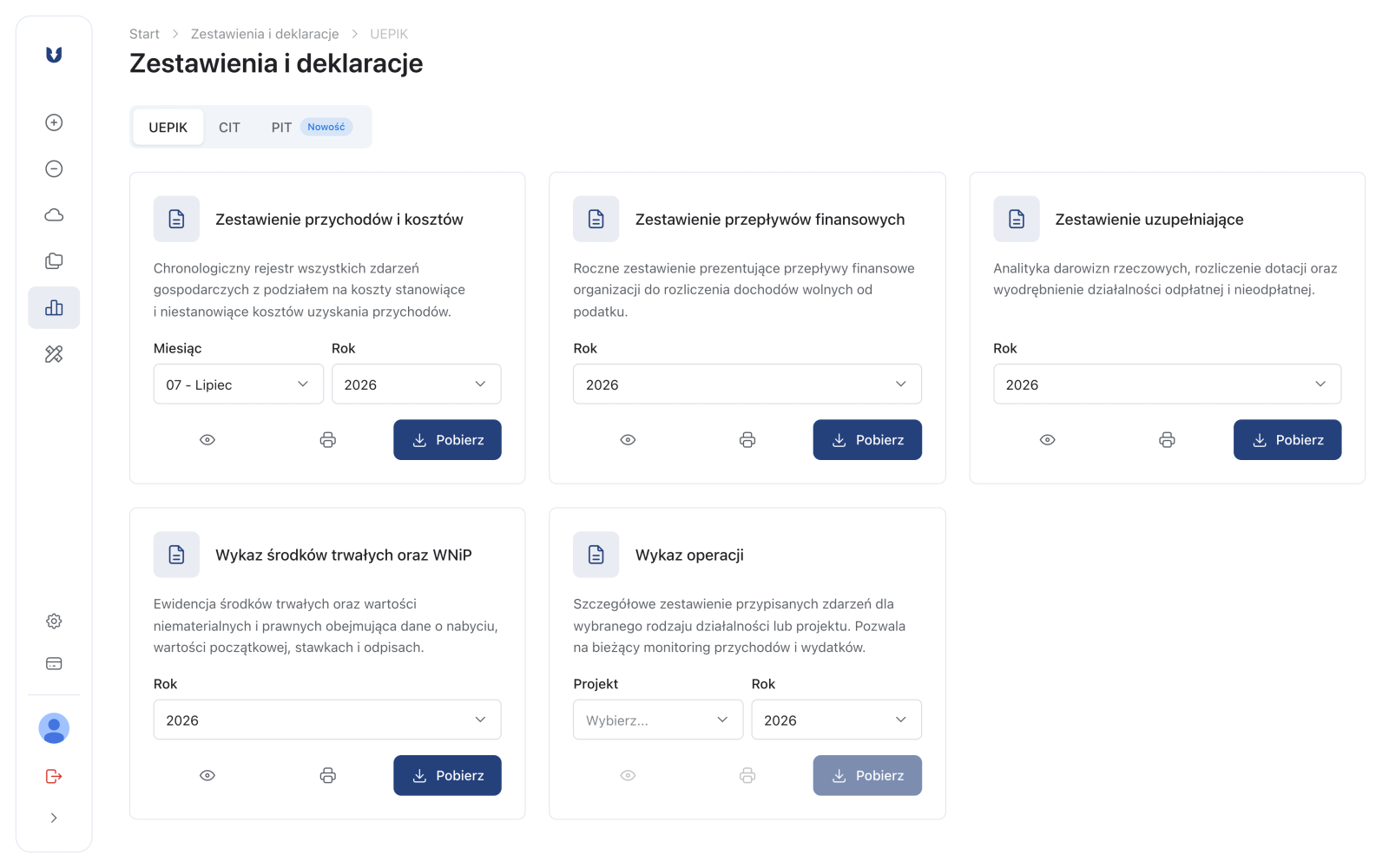 Zestawienia i deklaracje – zakładka UEPIK